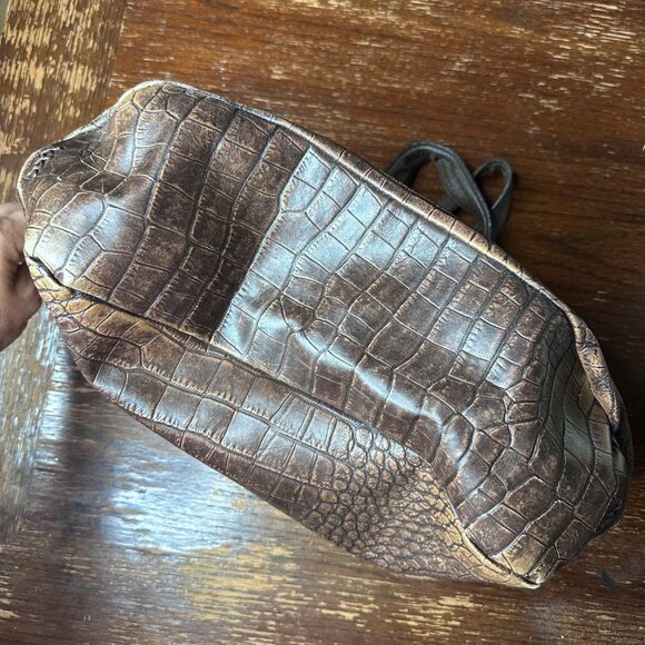Crocodile-Embossed Brown Leather Conceal Carry Handbag By Hidesign Double Handle - Picture 14 of 14